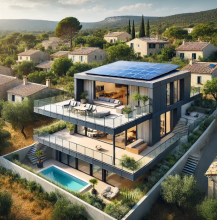 Construction de maison moderne avec toit terrasse et énergie solaire intégrée à Cabrières